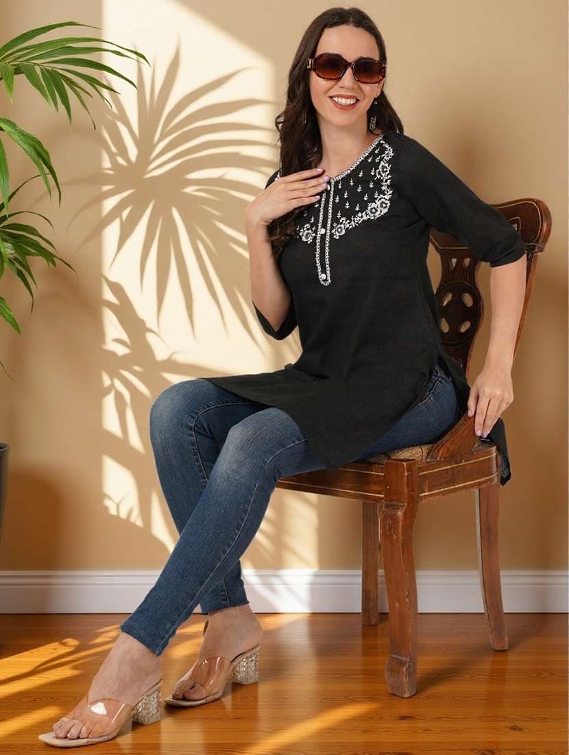 women embroidered three quarter sleeve straight kurti - 22084062 -  Standard Image - 5