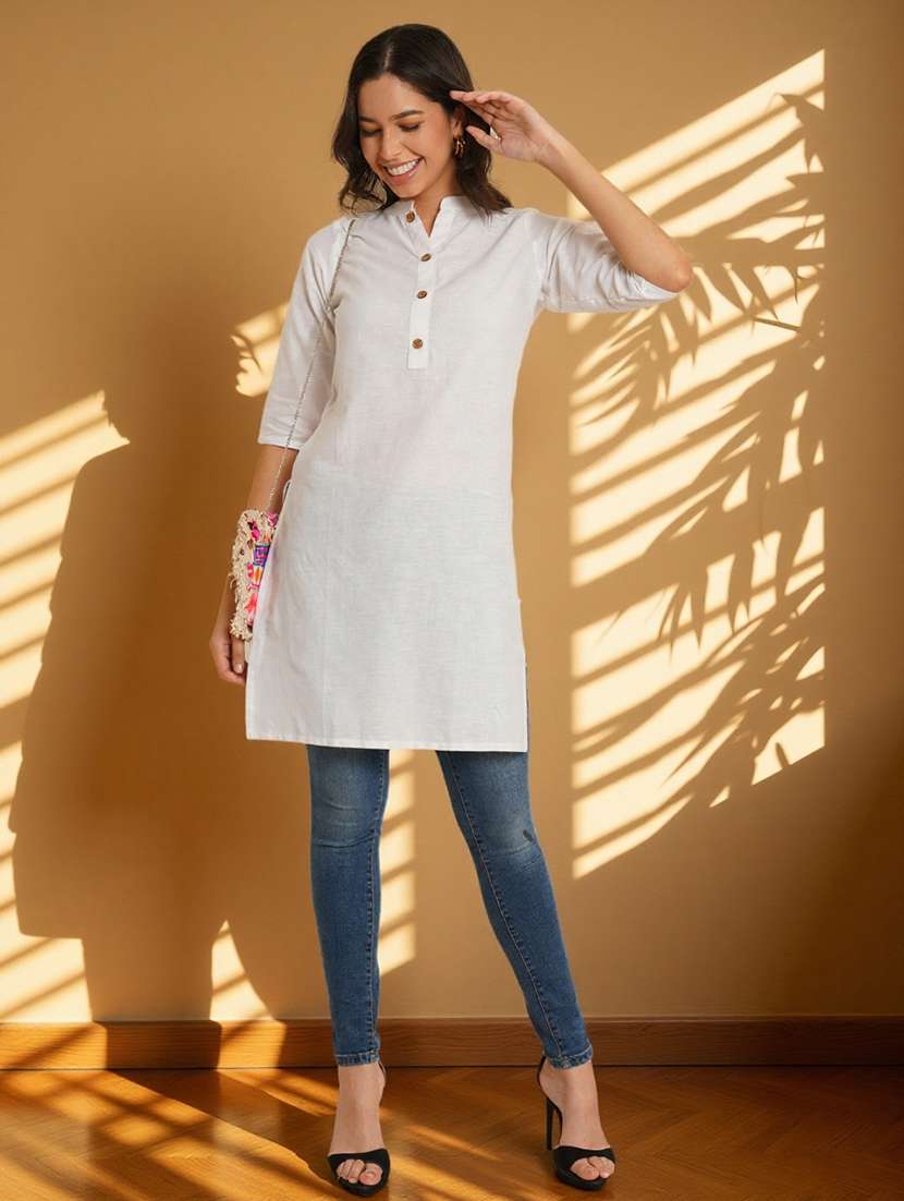 women solid three quarter sleeve straight kurti - 22084064 -  Standard Image - 3