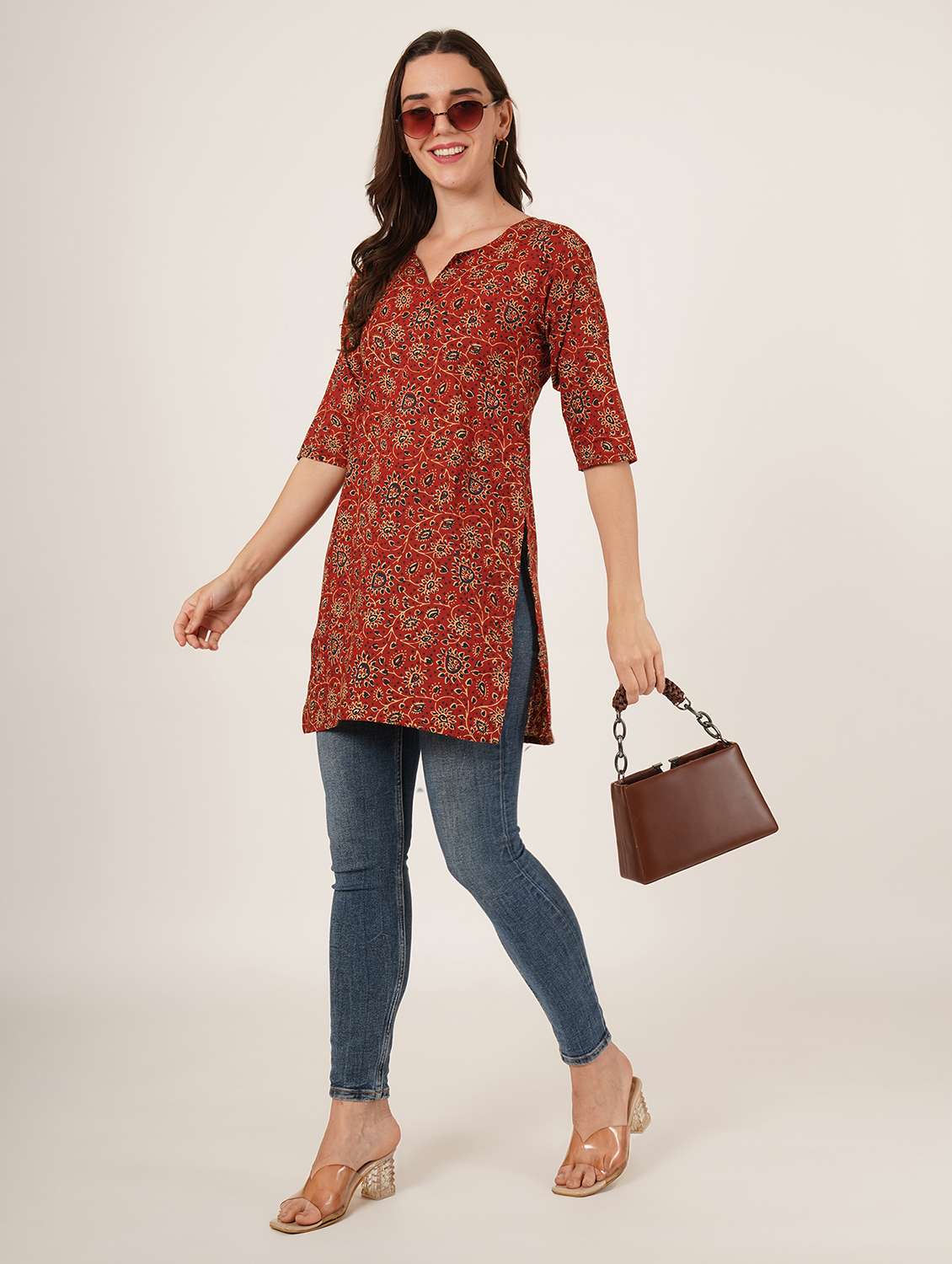 women printed three quarter sleeve straight kurti - 22084075 -  Standard Image - 3