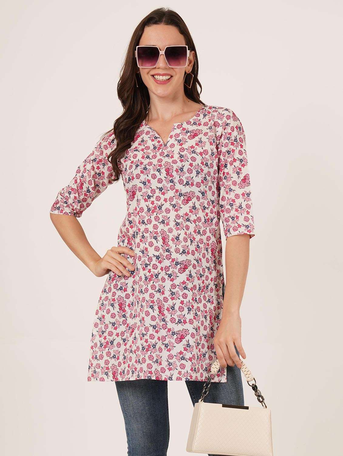 women floral printed three quarter sleeve straight kurti