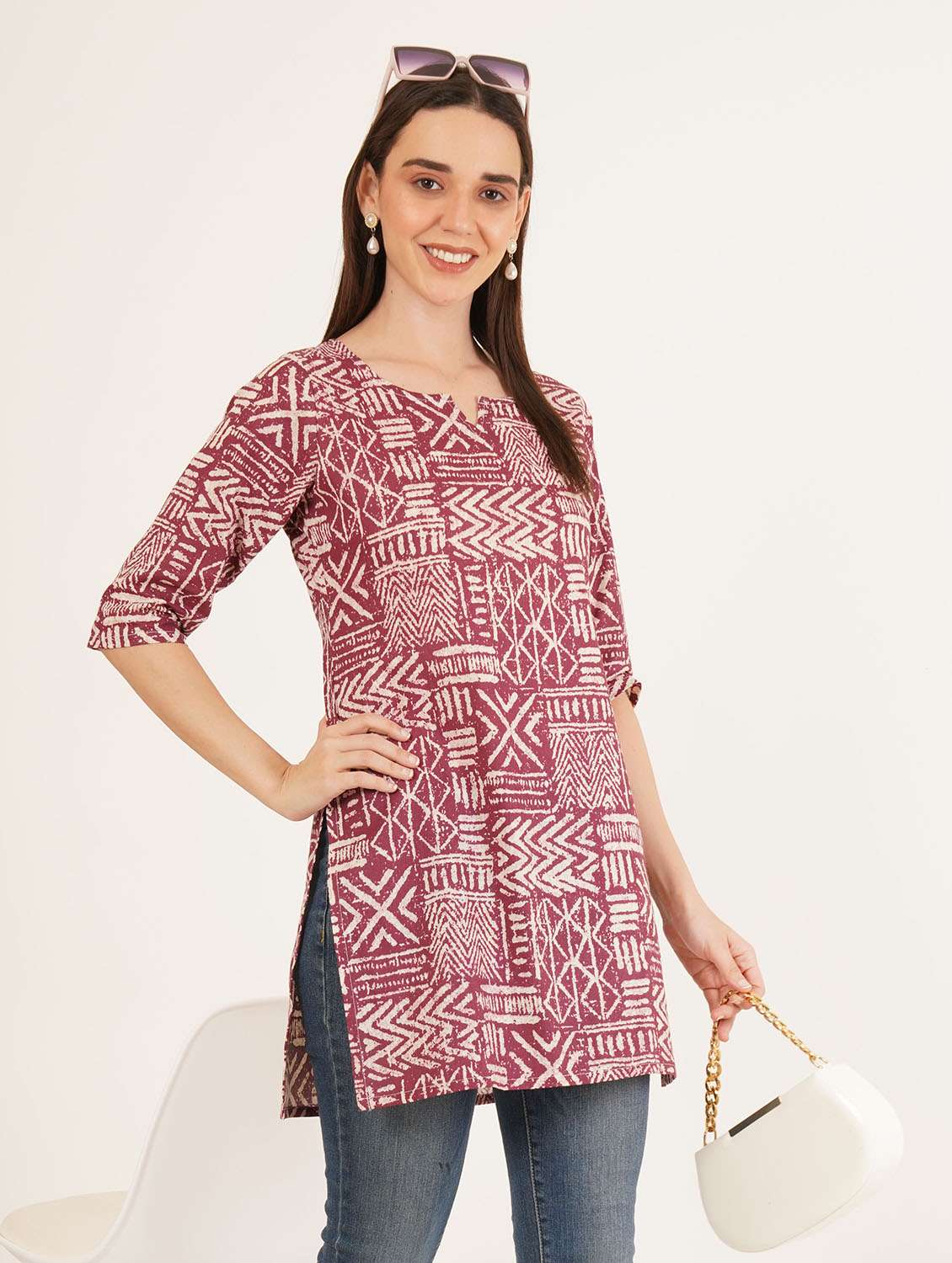 women printed three quarter sleeve straight kurti