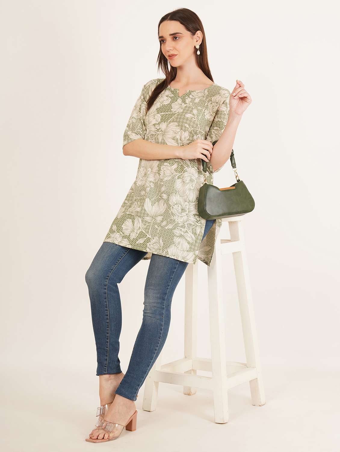 women floral printed three quarter sleeve straight kurti - 22084080 -  Standard Image - 3