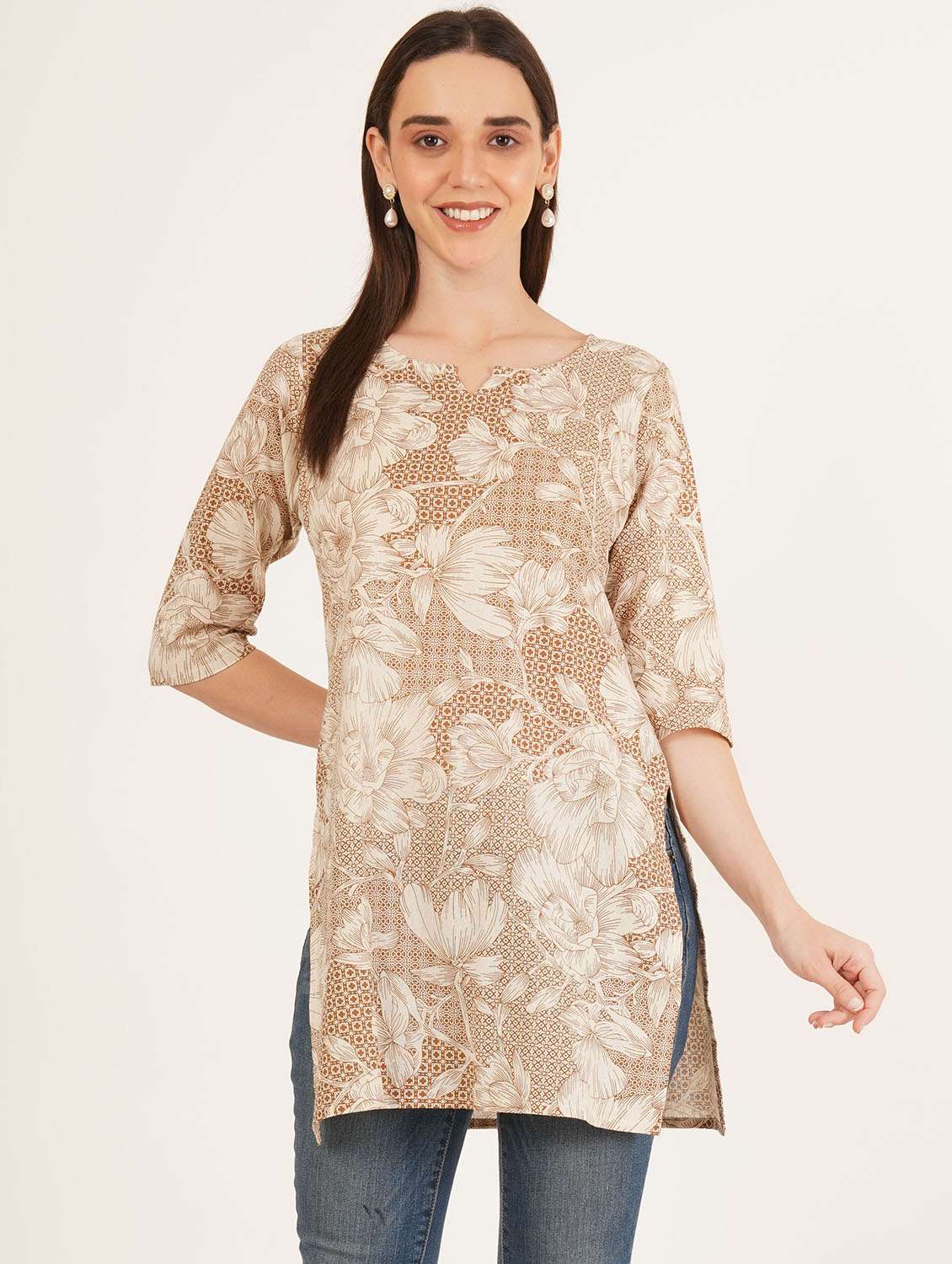 women floral printed three quarter sleeve straight kurti