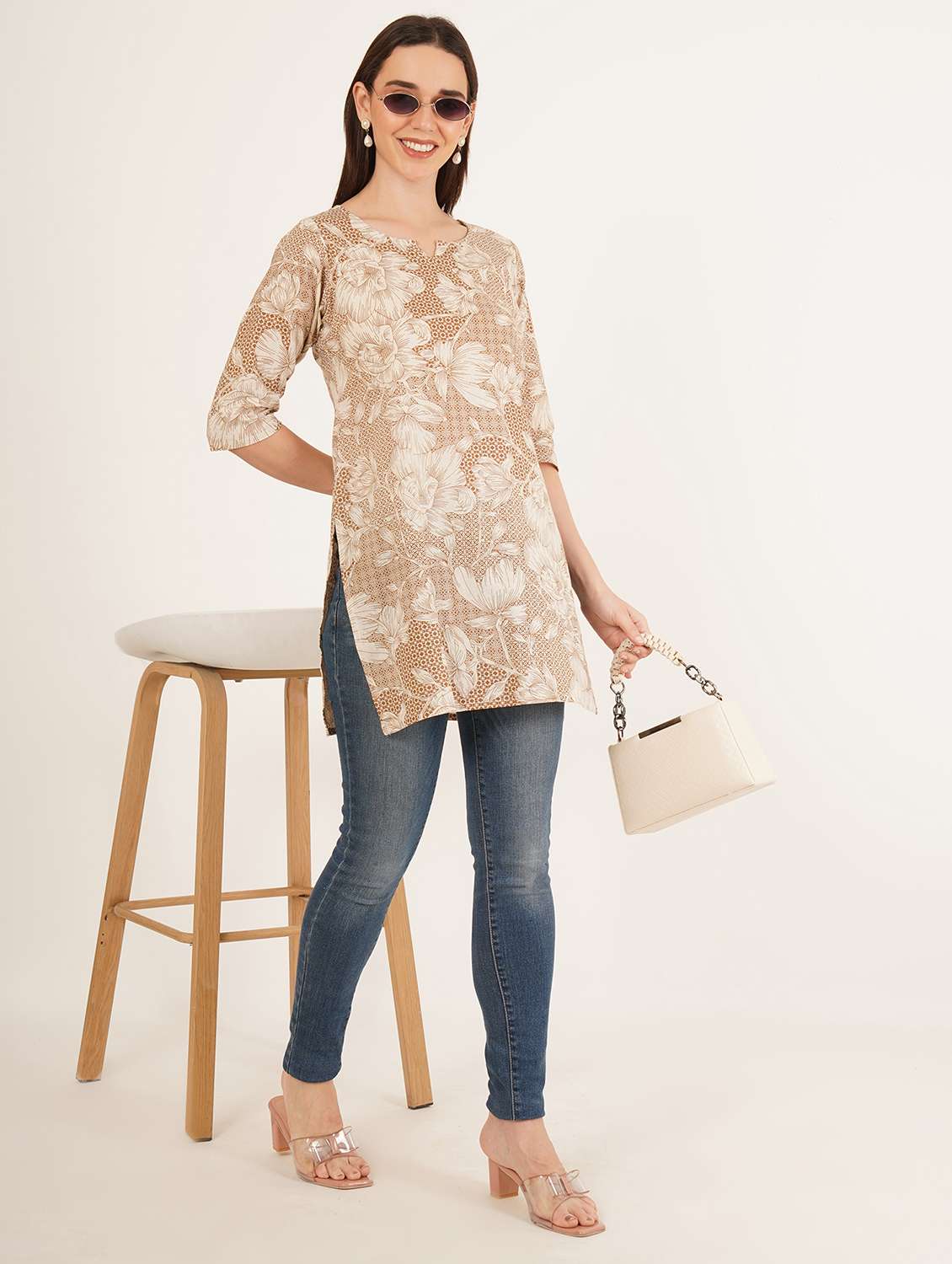 women floral printed three quarter sleeve straight kurti - 22084081 -  Standard Image - 3