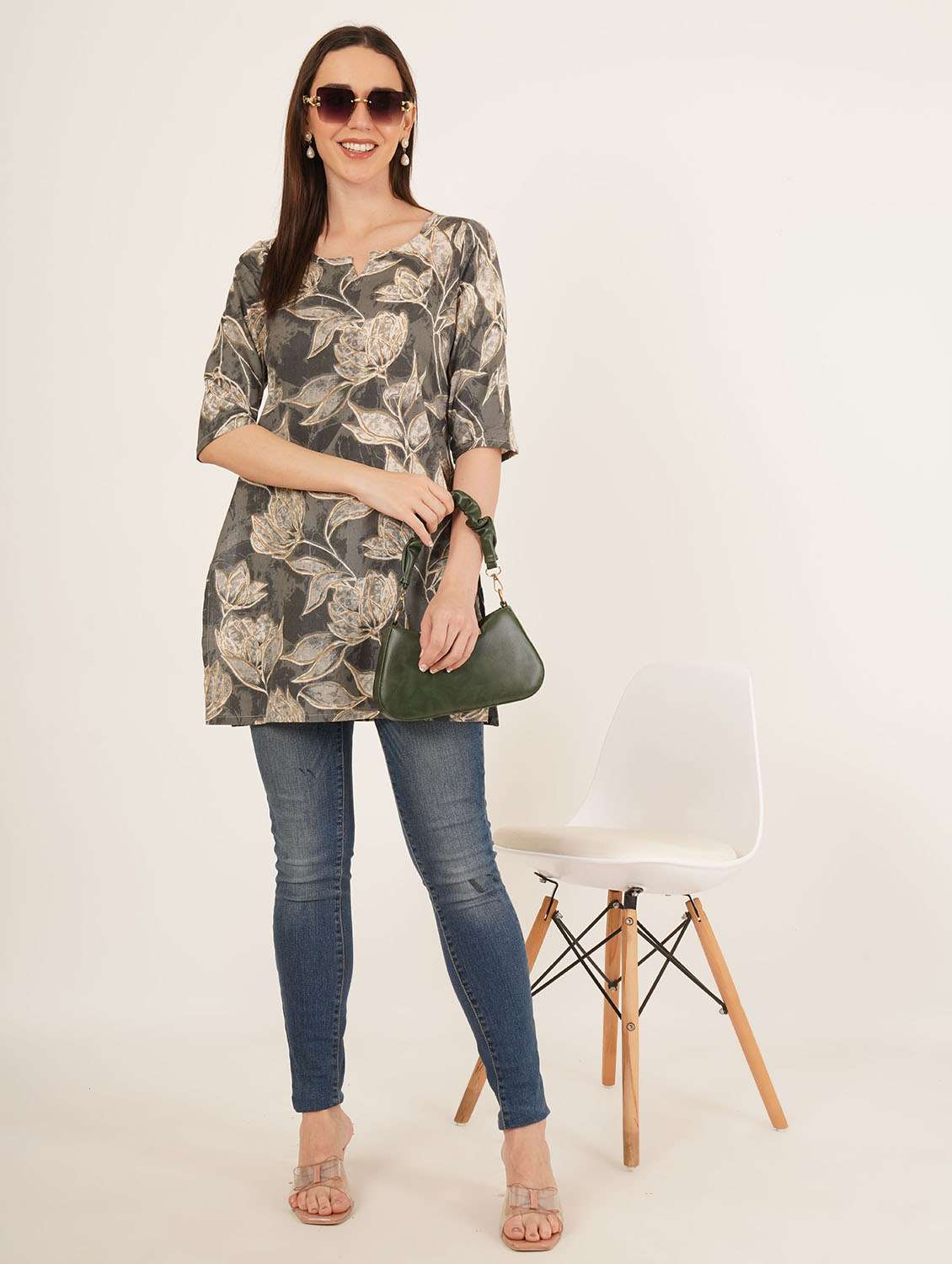 women floral printed three quarter sleeve straight kurti - 22084082 -  Standard Image - 3