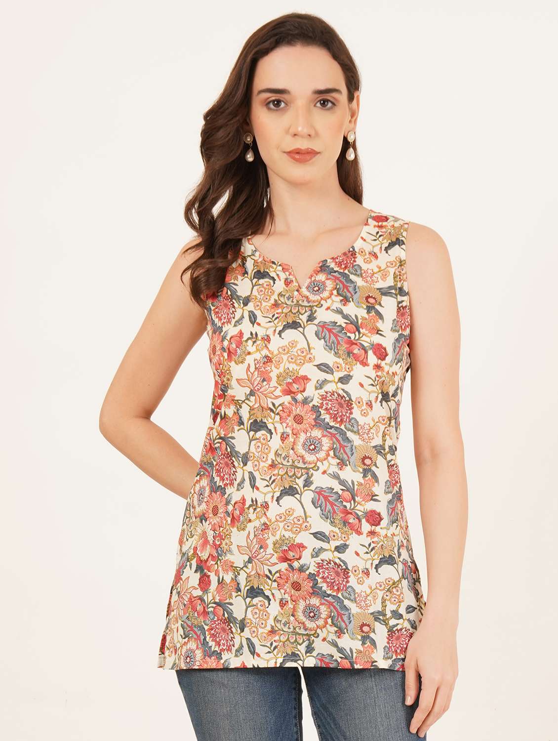 women printed sleeveles straight kurti - 22084084 -  Zoom Image - 0