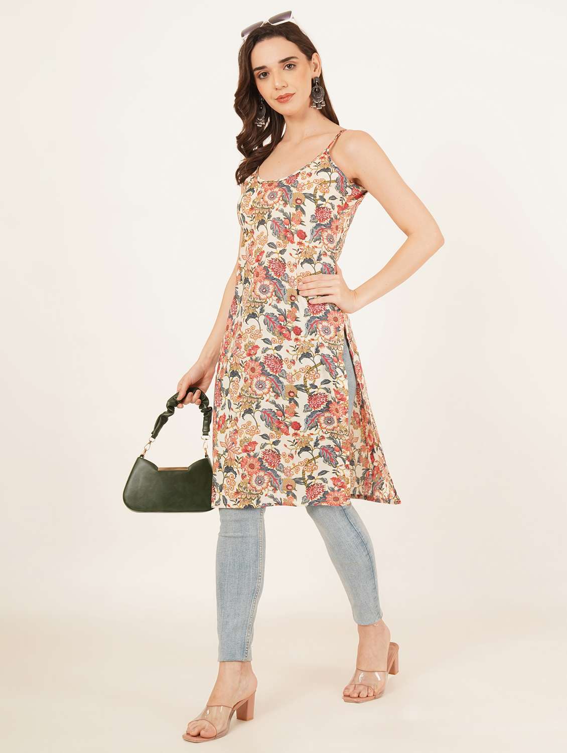 women floral printed shoulder strap straight kurti - 22084086 - Standard Image - 3