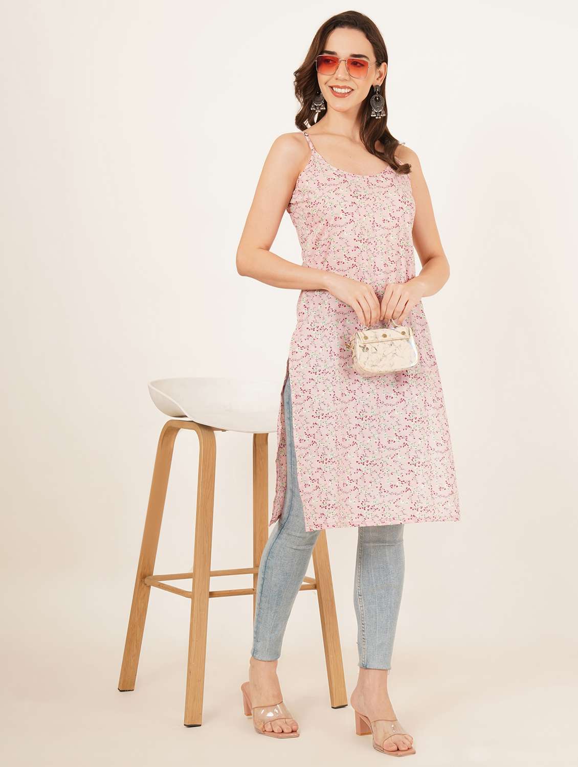 women floral printed shoulder strap straight kurti - 22084087 -  Standard Image - 3