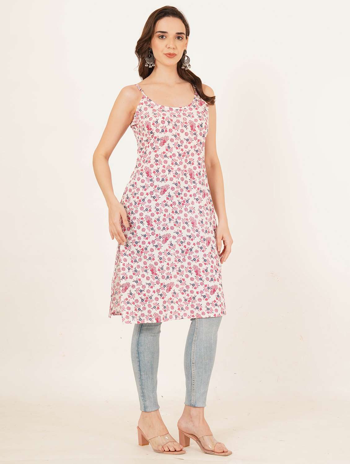 women floral printed shoulder strap straight kurti - 22084088 - Standard Image - 5