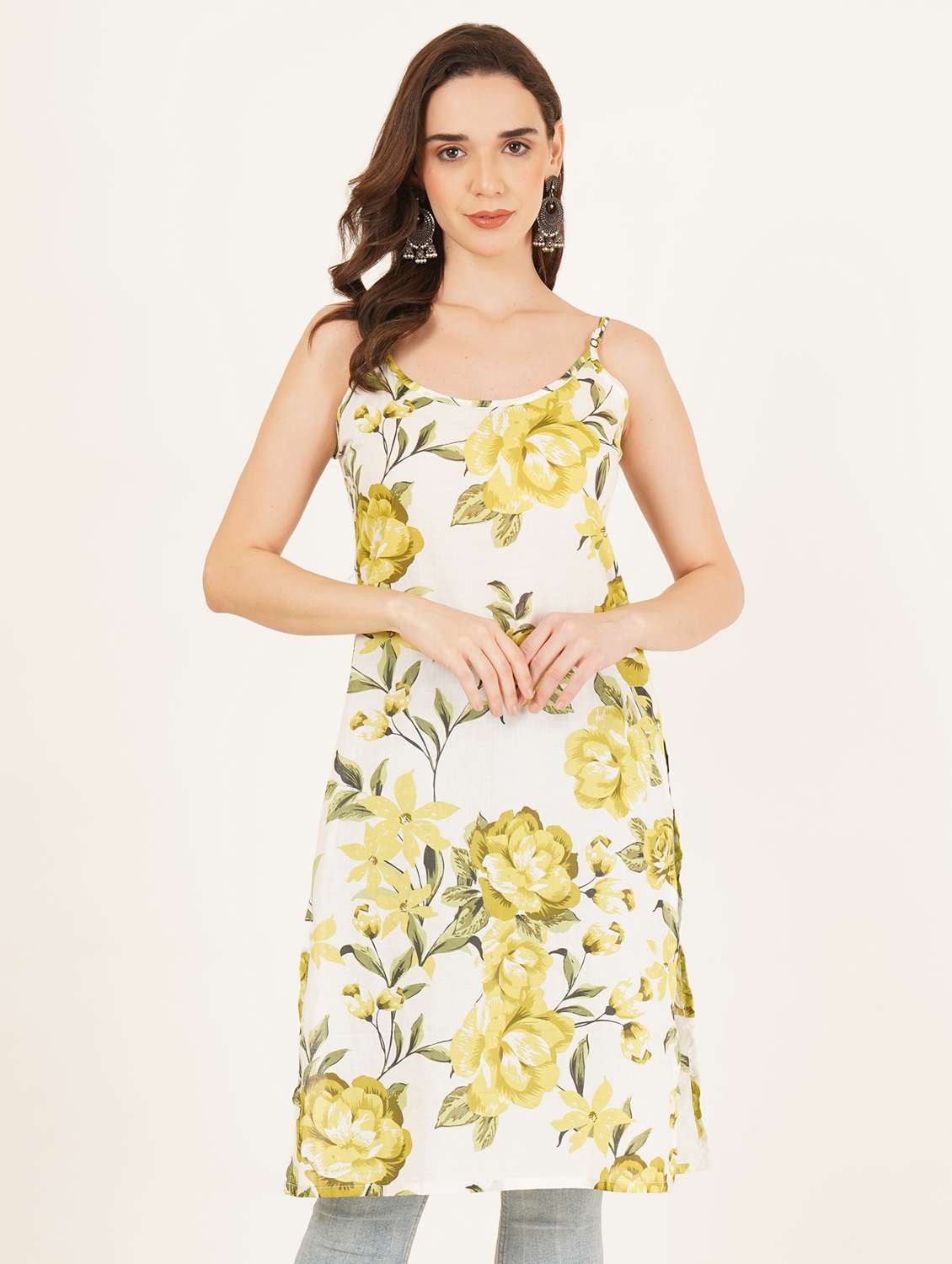 women floral printed shoulder strap straight kurti