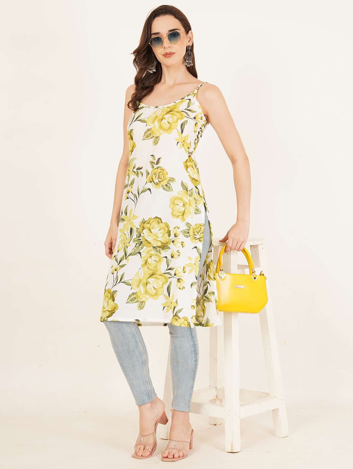 women floral printed shoulder strap straight kurti - 22084089 - Standard Image - 5