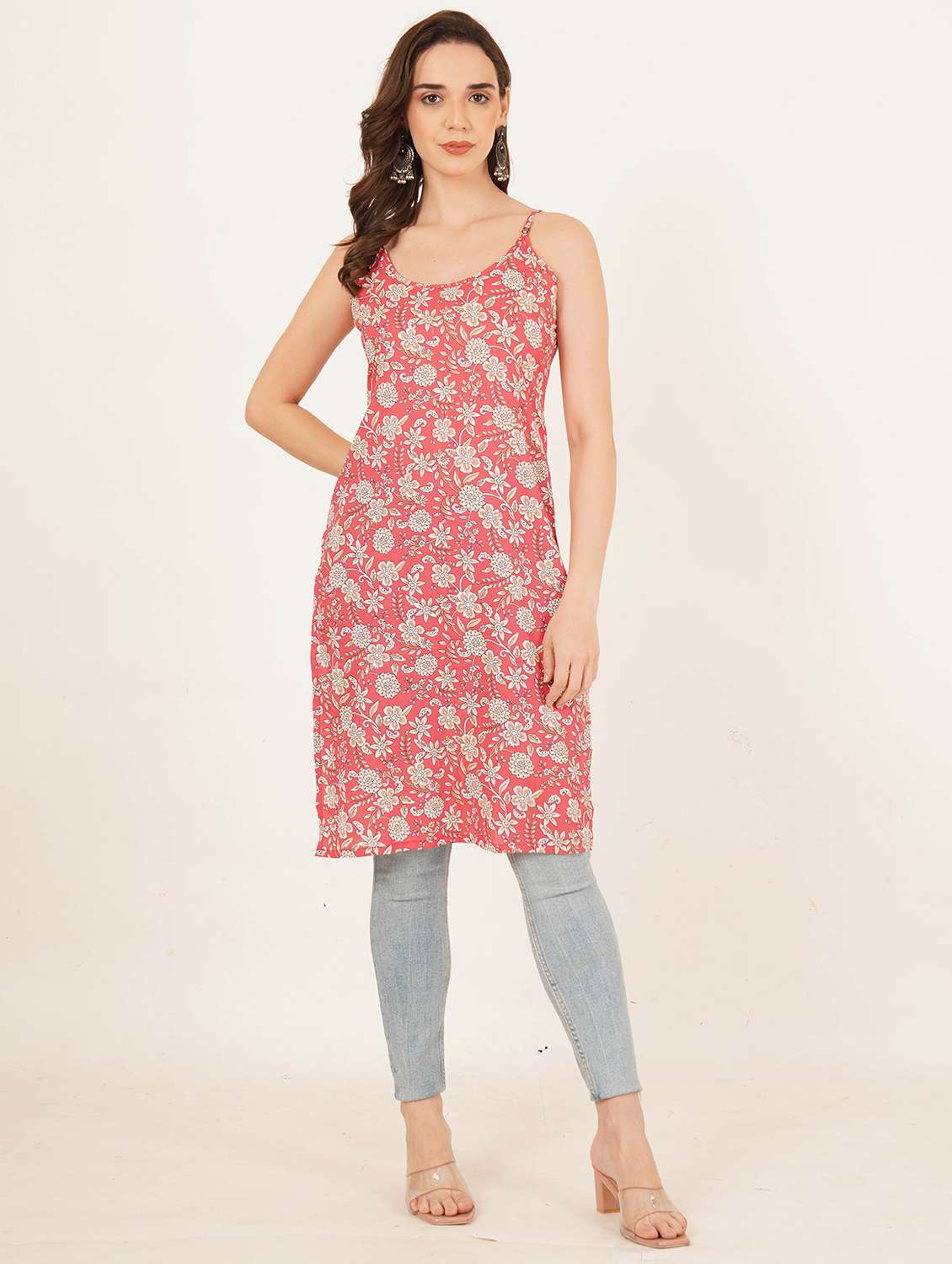 women floral printed shoulder strap straight kurti - 22084090 - Standard Image - 3