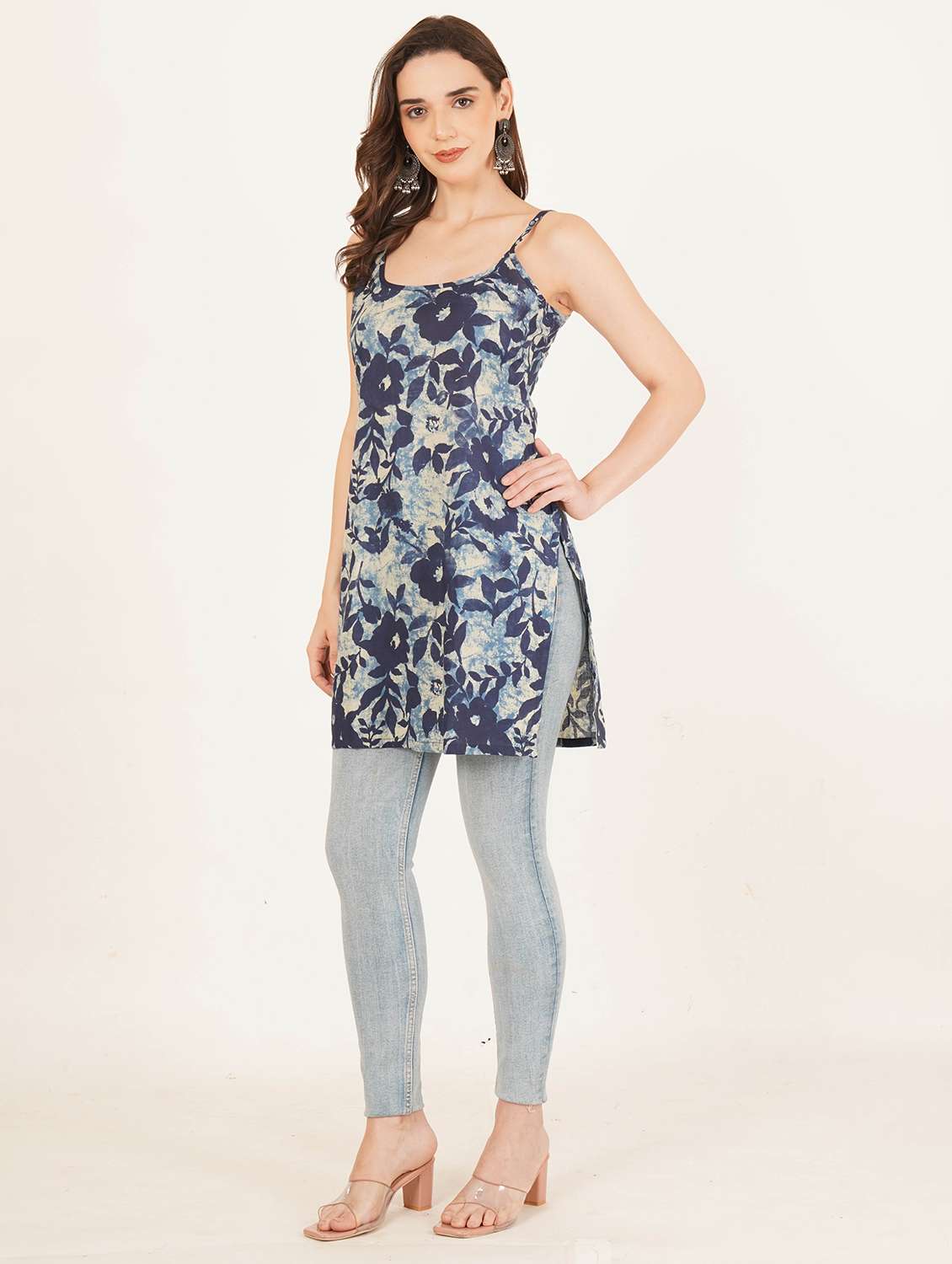 women floral printed shoulder strap straight kurti - 22084091 - Standard Image - 5