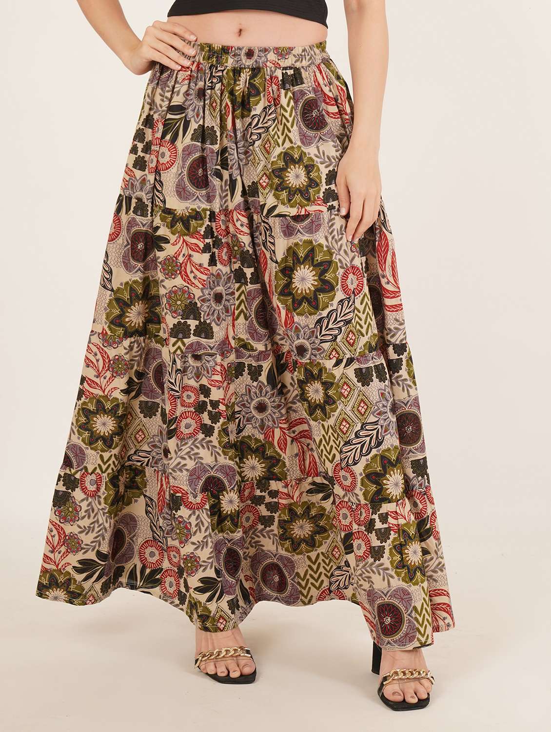 women printed high rise tiered skirt