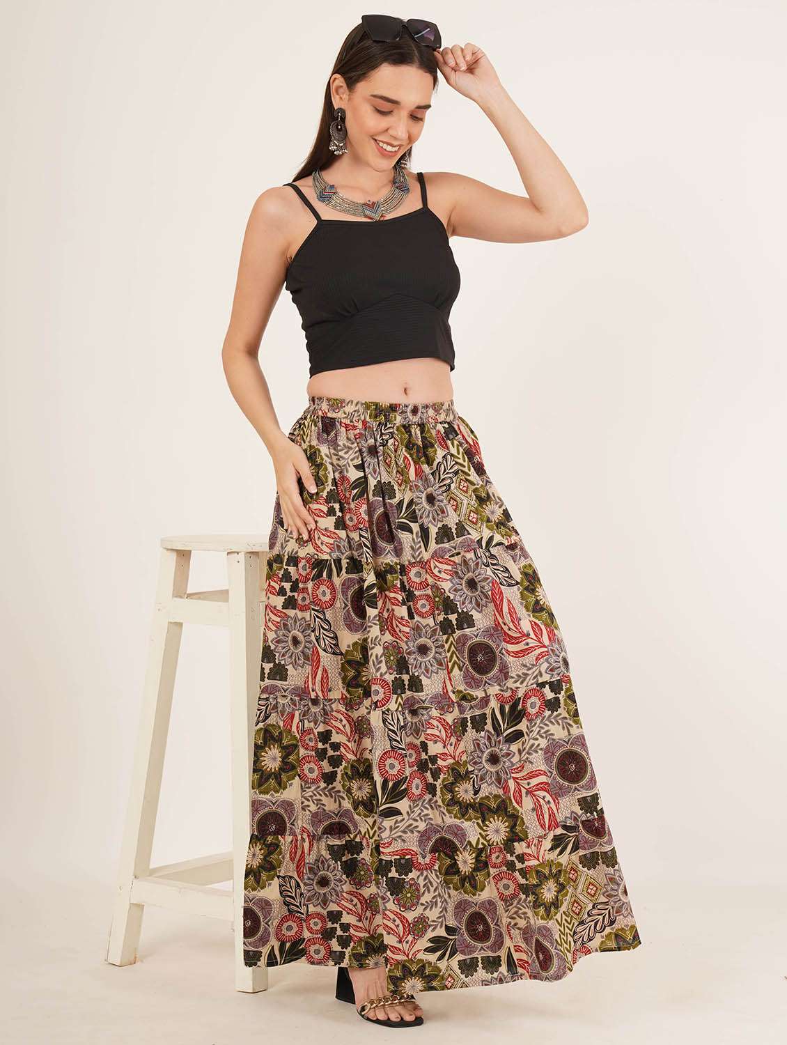 women printed high rise tiered skirt - 22084098 - Standard Image - 3