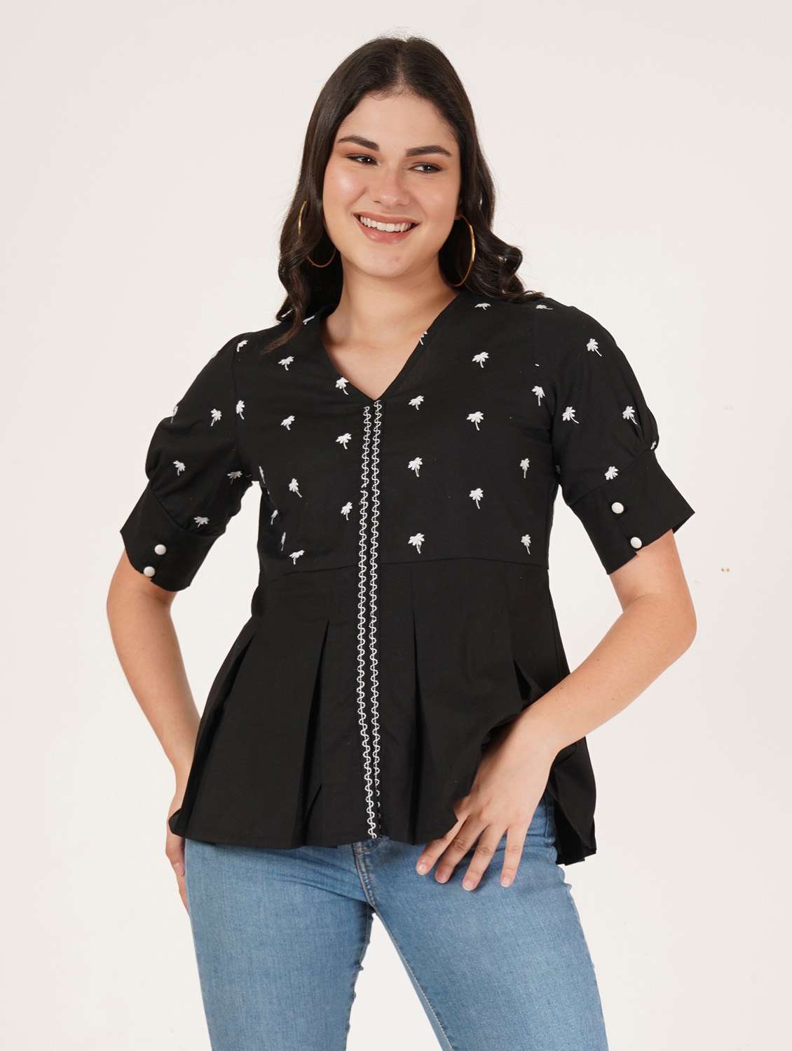 women embroidered puff sleeve peplum top