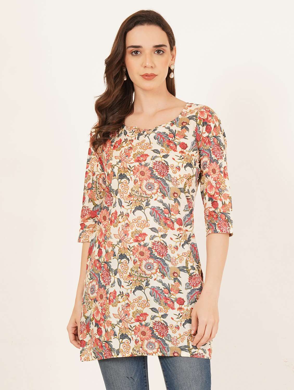 women floral printed three quarter sleeve straight kurti