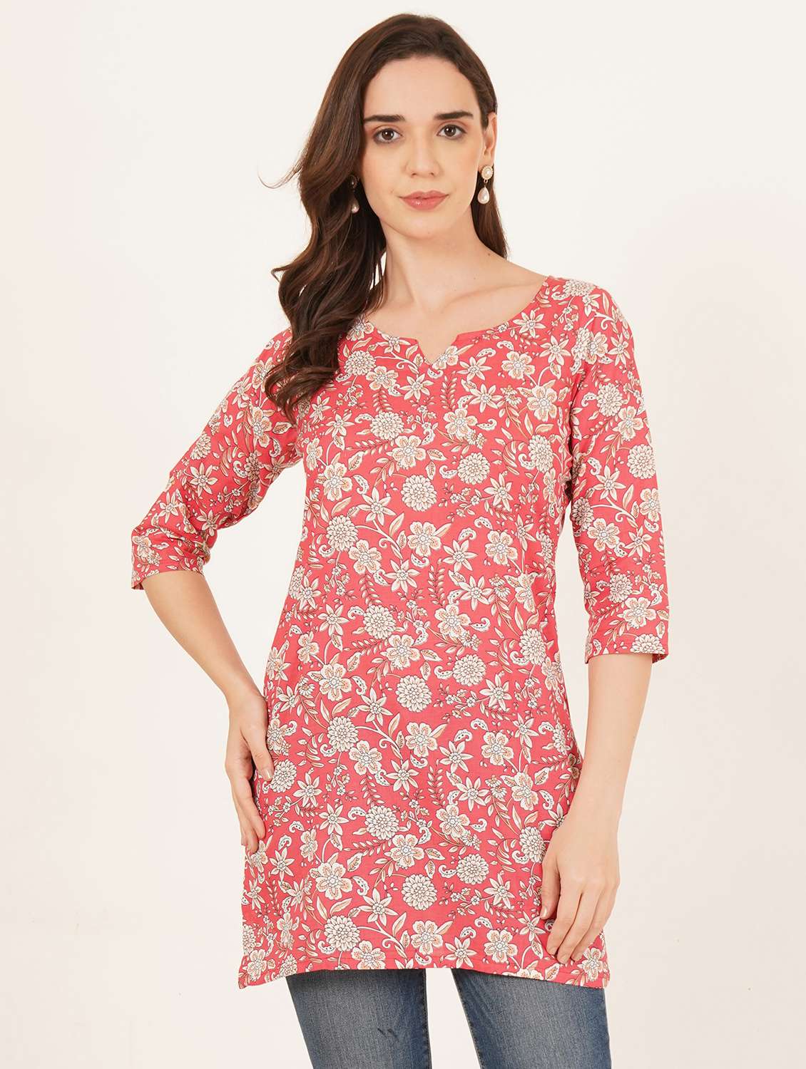 women floral printed three quarter sleeve straight kurti
