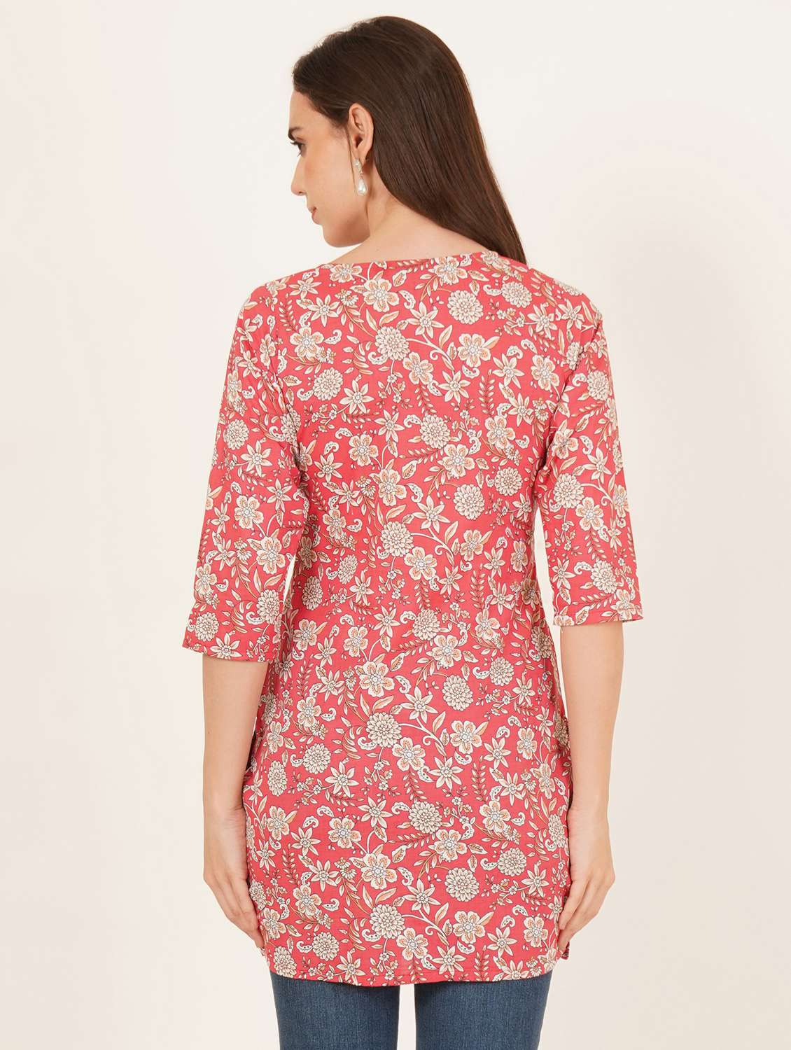 women floral printed three quarter sleeve straight kurti - 22084132 - Standard Image - 3