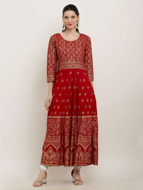 women printed three quarter sleeve flared kurta - 22084134 -  Standard Image - 0