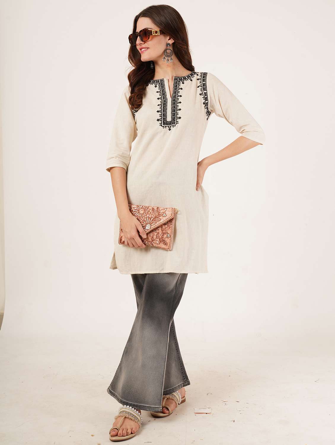 women embroidered three quarter sleeve straight kurti - 22084136 - Standard Image - 5