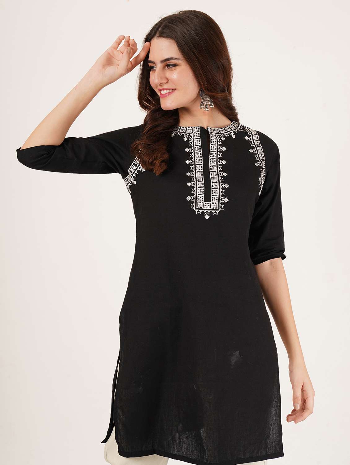 women embroidered three quarter sleeve straight kurti