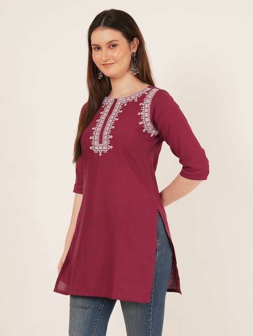 women embroidered three quarter sleeve straight kurti - 22084138 -  Standard Image - 0