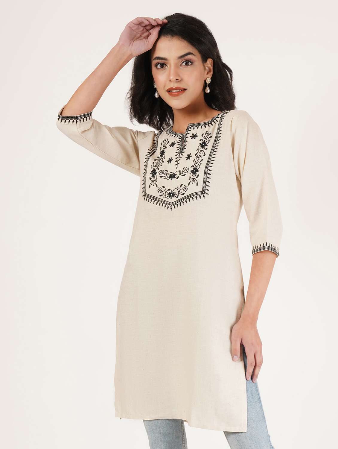 women embroidered three quarter sleeve straight kurti - 22084139 -  Zoom Image - 0