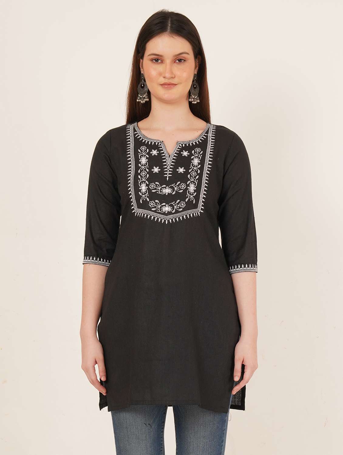 women embroidered three quarter sleeve straight kurti - 22084140 -  Zoom Image - 0
