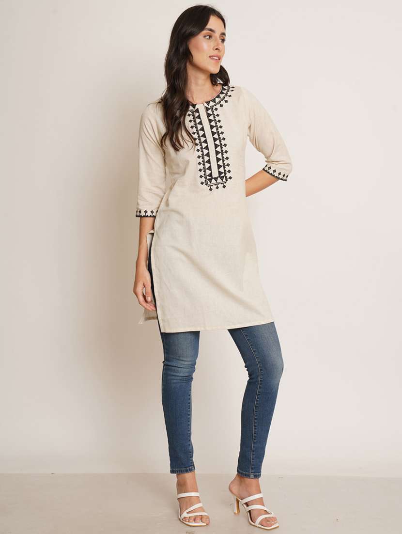 women embroidered three quarter sleeve straight kurti - 22084141 - Standard Image - 3
