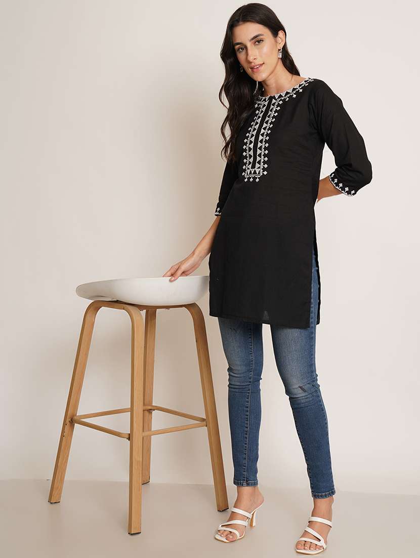 women embroidered three quarter sleeve straight kurti