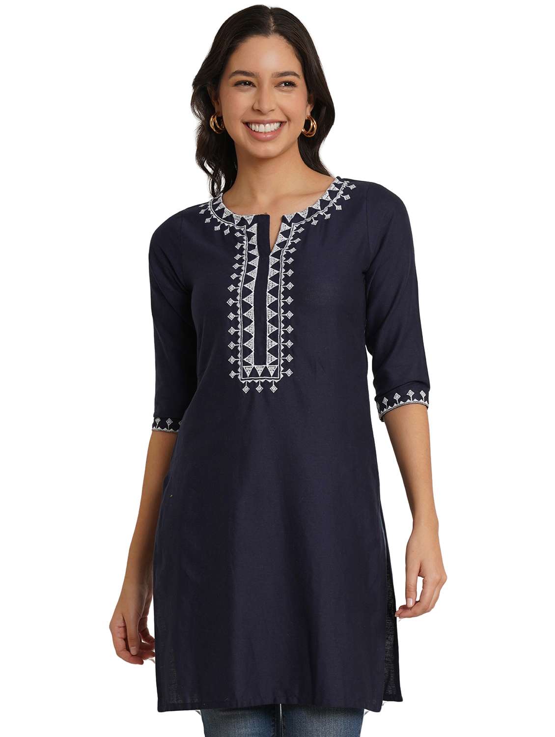 women embroidered three quarter sleeve straight kurti
