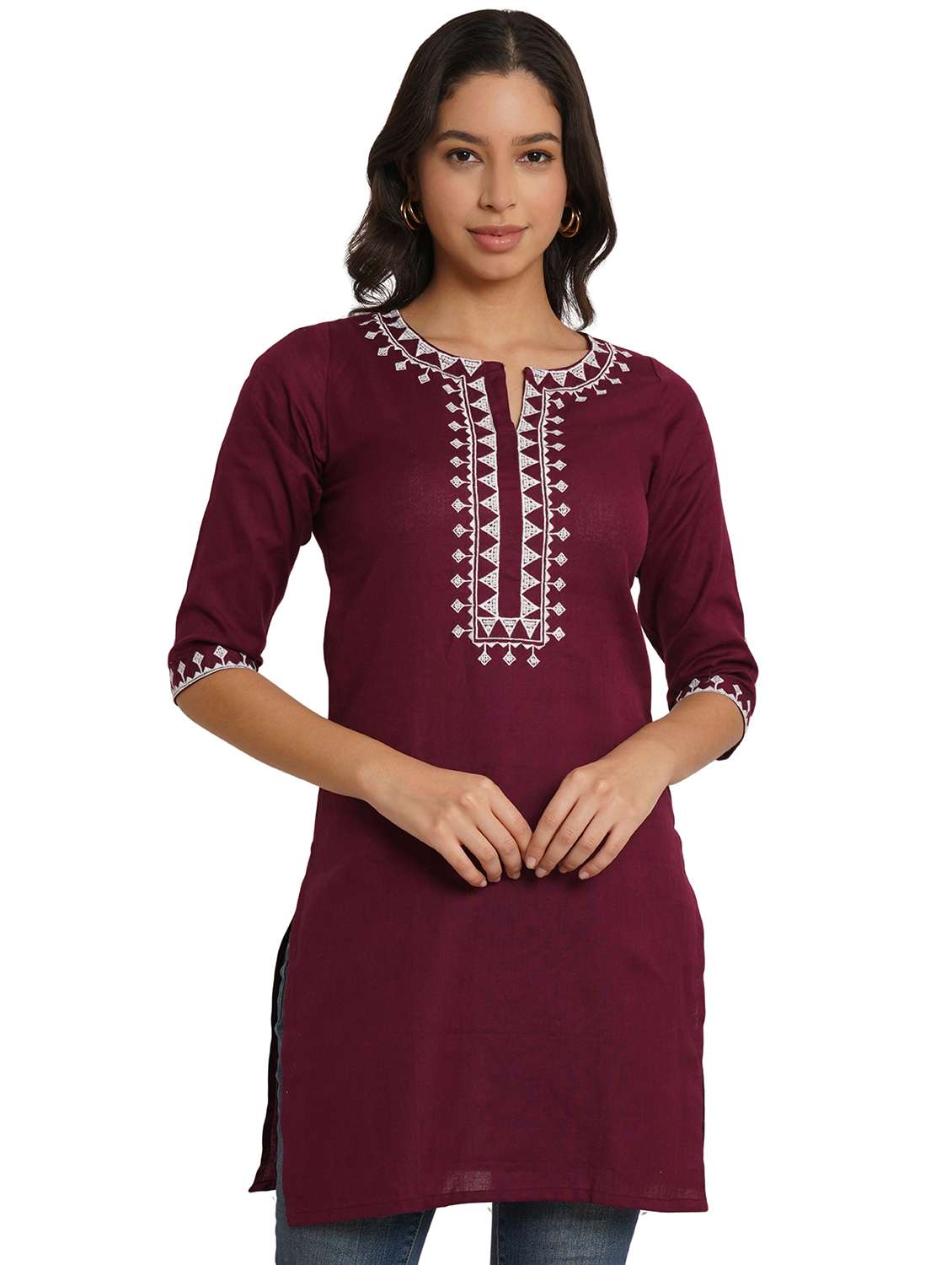women embroidered three quarter sleeve straight kurti - 22084144 -  Zoom Image - 0