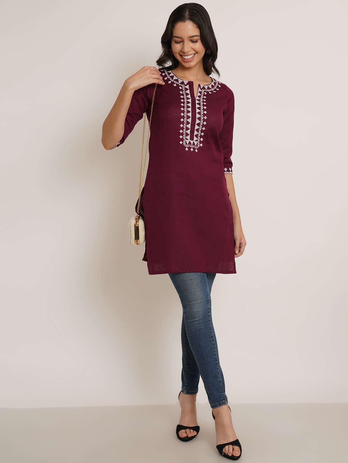 women embroidered three quarter sleeve straight kurti - 22084144 - Standard Image - 3