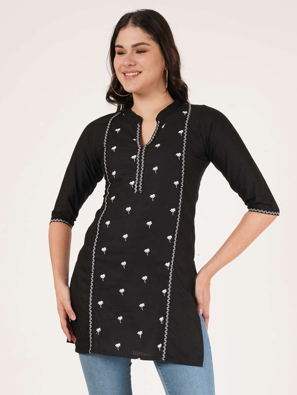 women embroidered three quarter sleeve straight kurti - 22084146 -  Zoom Image - 0