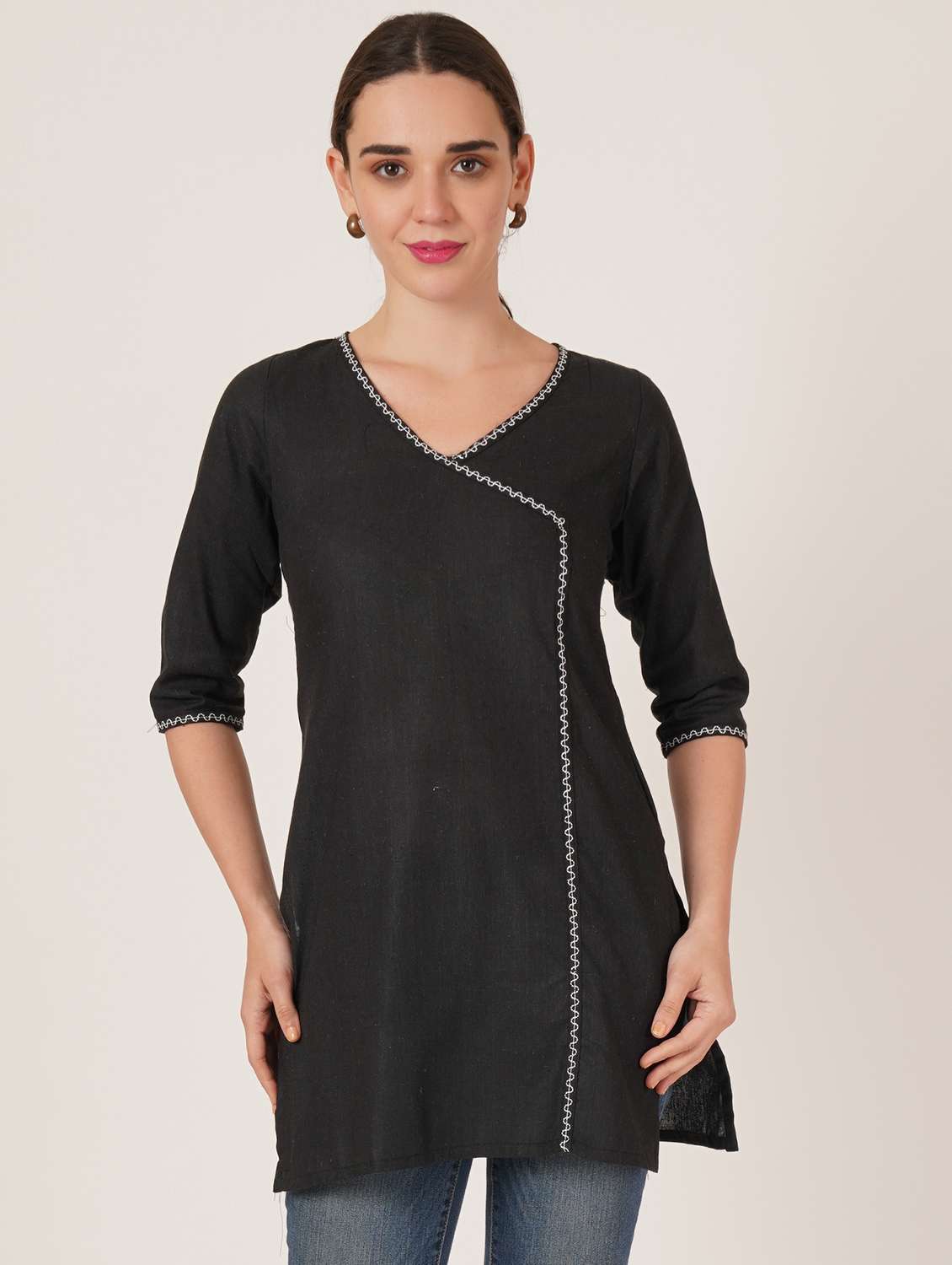 women embroidered three quarter sleeve straight kurti