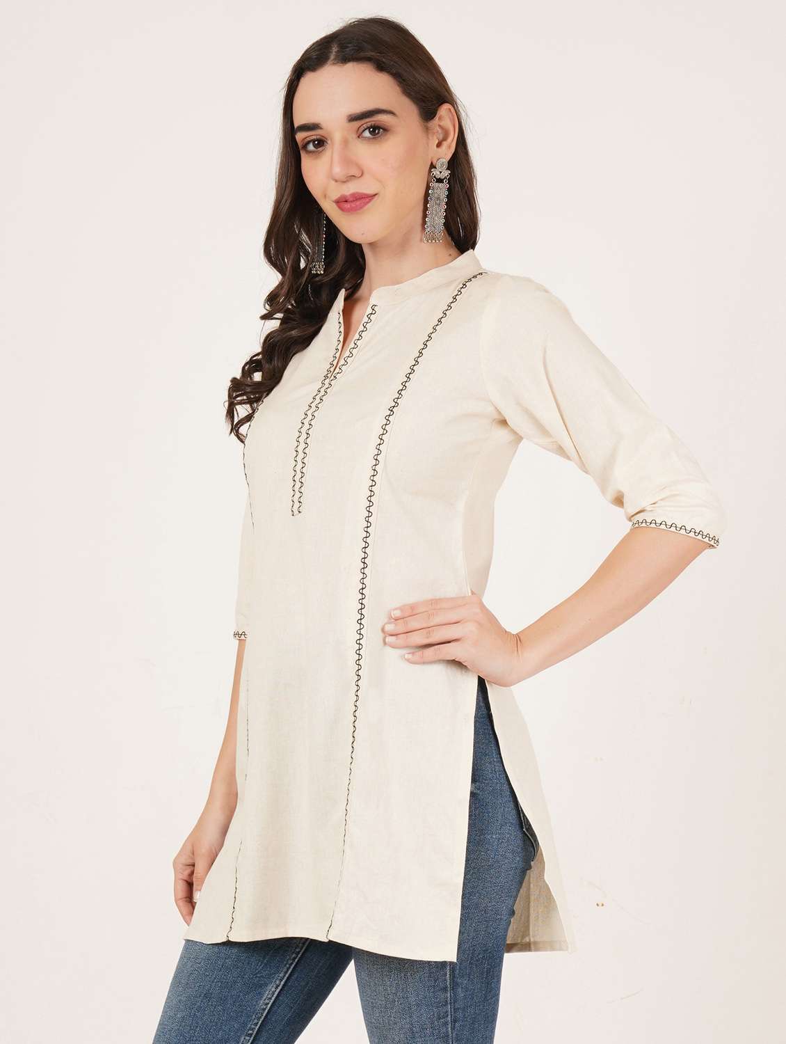 women embroidered three quarter sleeve straight kurti