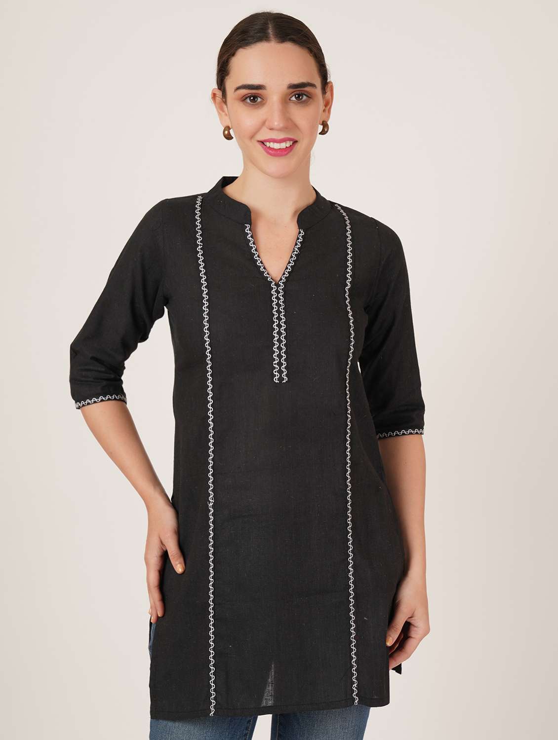 women embroidered three quarter sleeve straight kurti