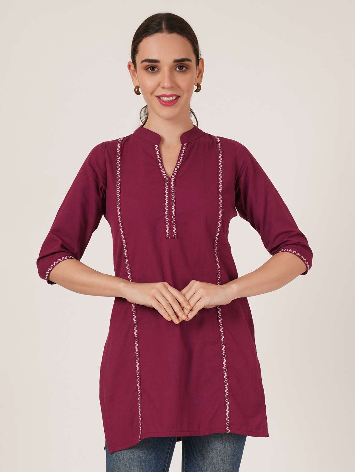 women embroidered three quarter sleeve straight kurti