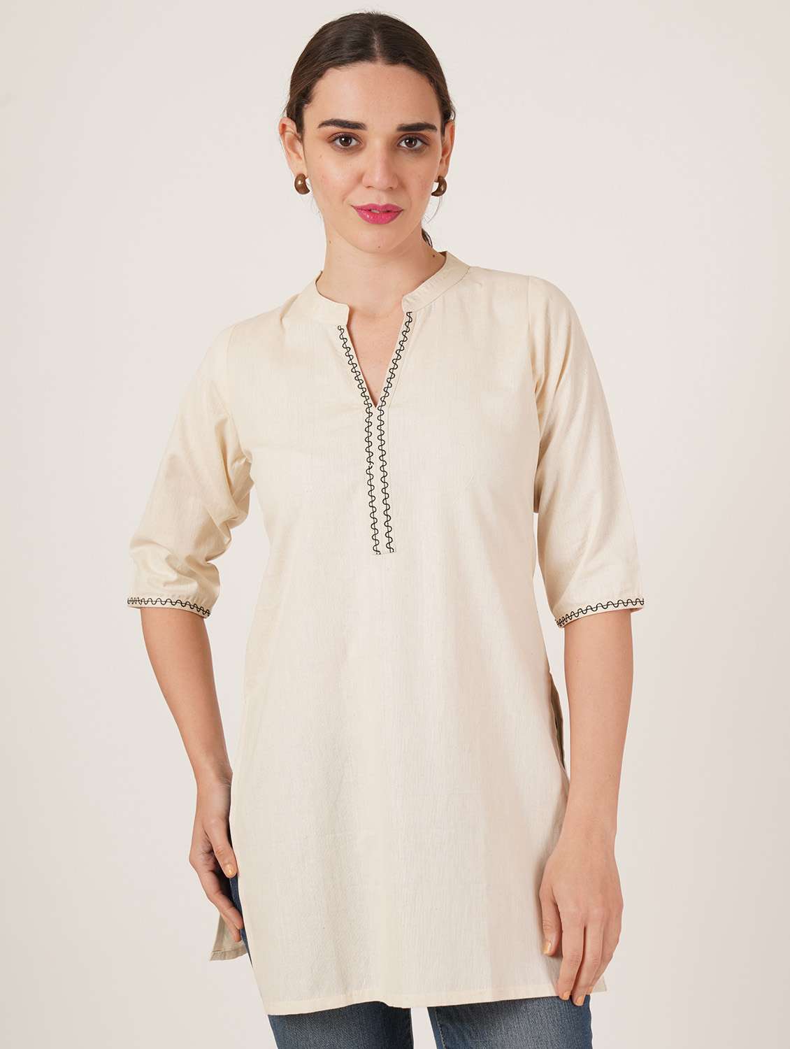 women embroidered three quarter sleeve straight kurti - 22084156 -  Zoom Image - 0