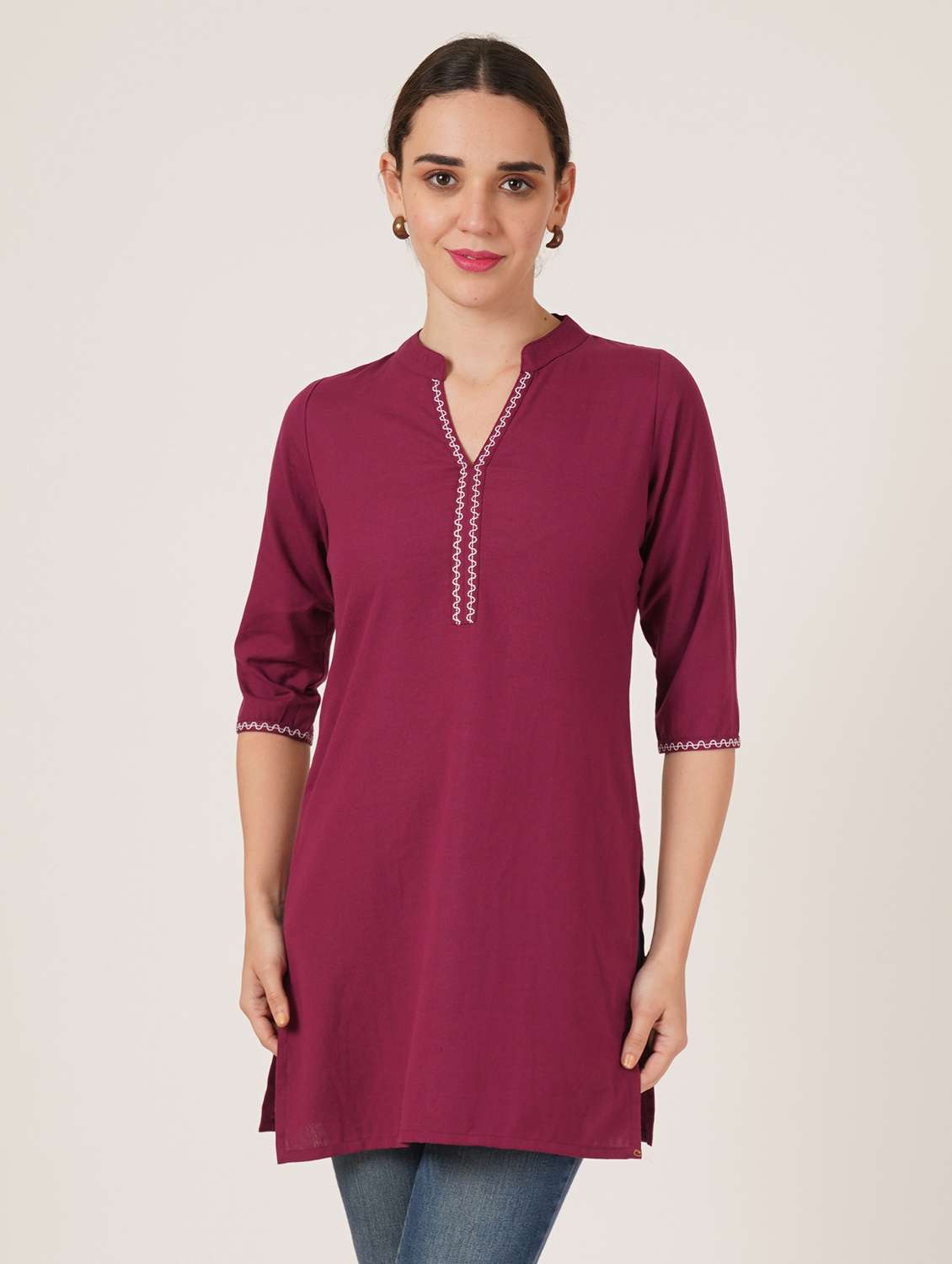 women embroidered three quarter sleeve straight kurti