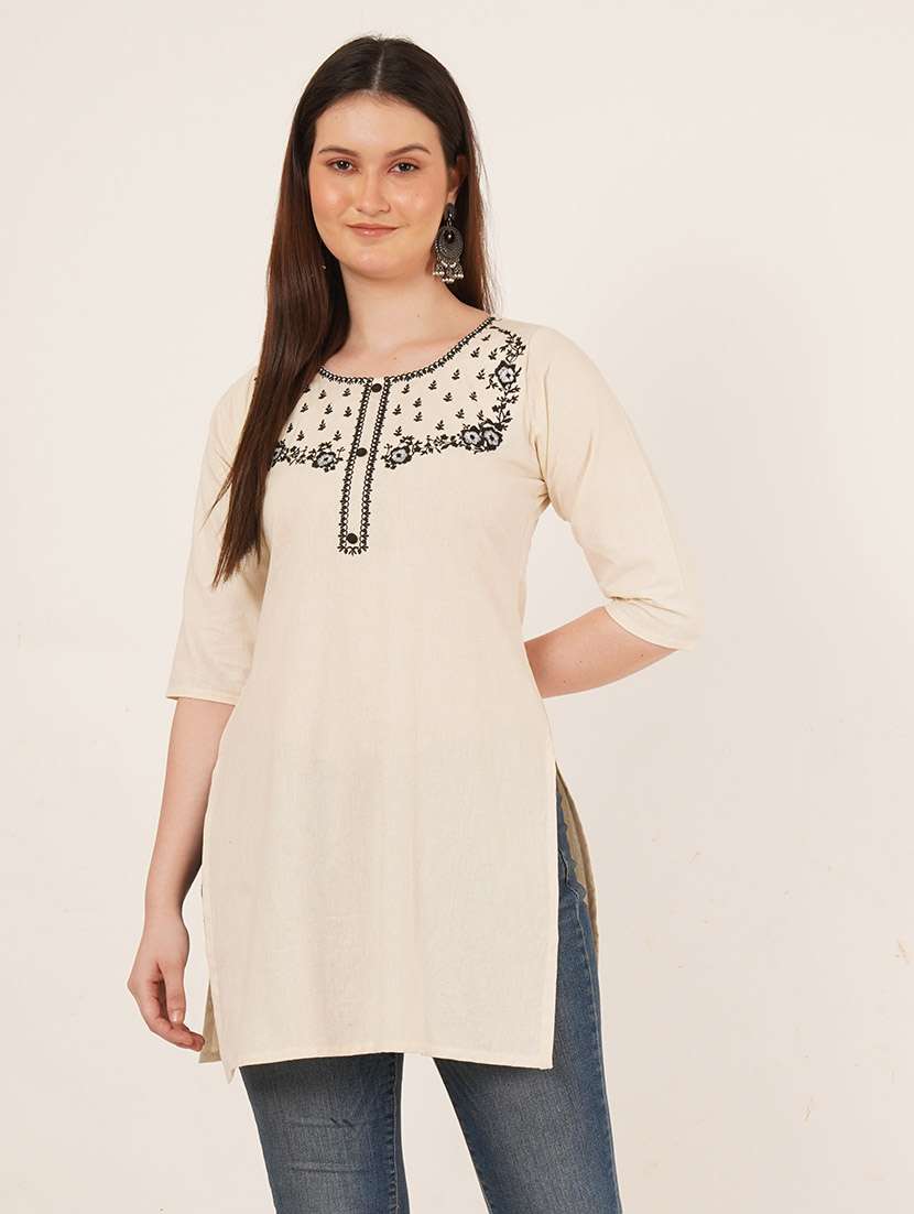 women embroidered three quarter sleeve straight kurti