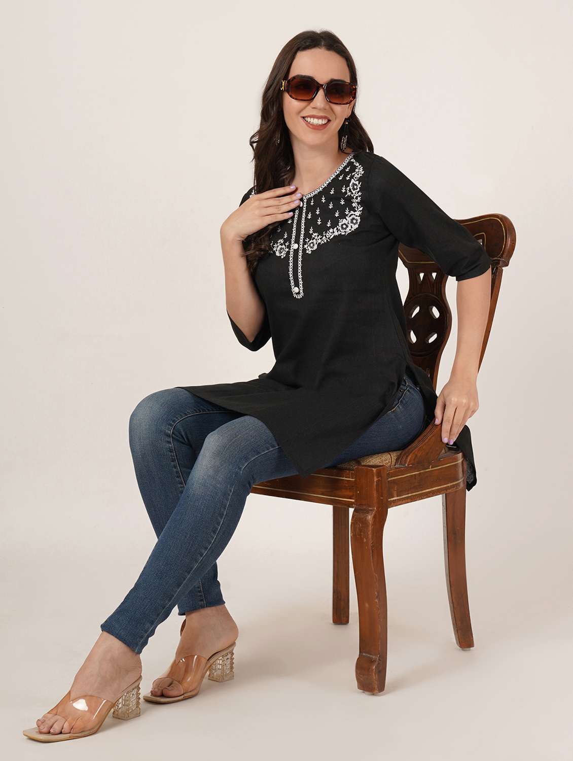 women embroidered three quarter sleeve straight kurti - 22084160 -  Standard Image - 3