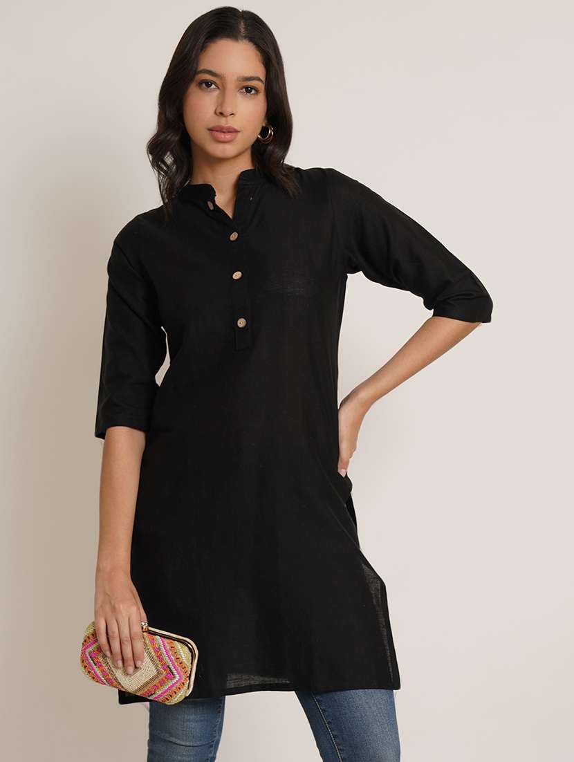 women solid three quarter sleeve straight kurti - 22084161 - Zoom Image - 0