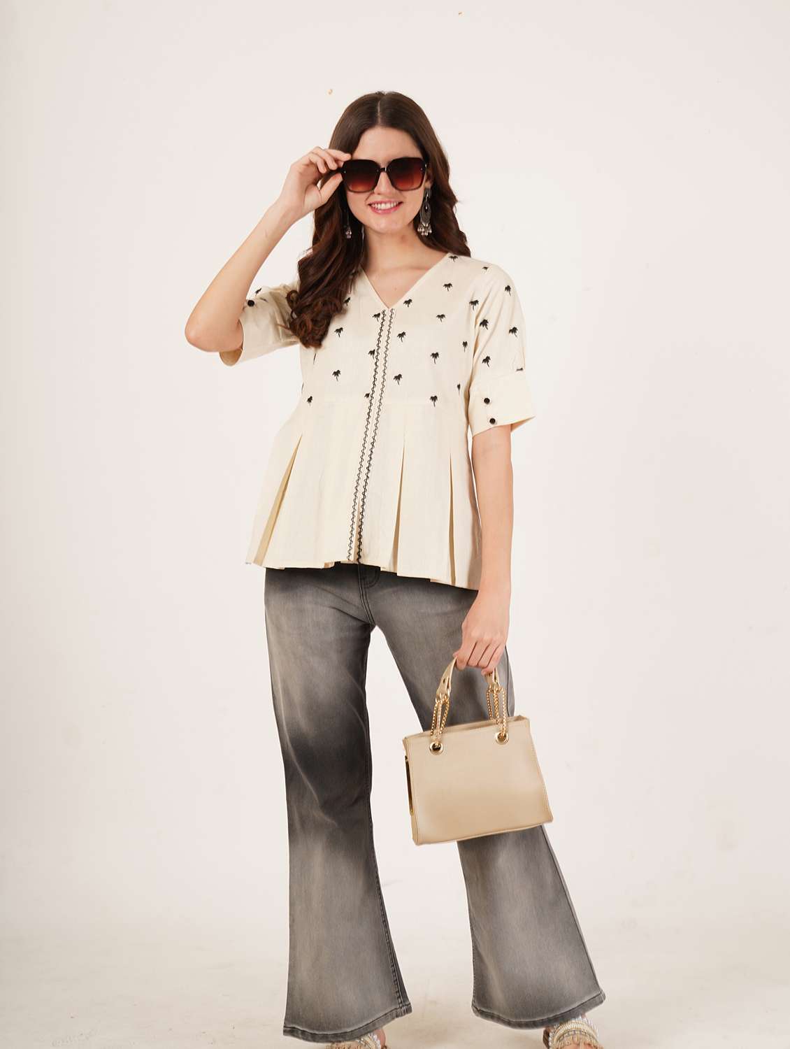 women solid with work short sleeve ethnic top - 22084163 - Standard Image - 5