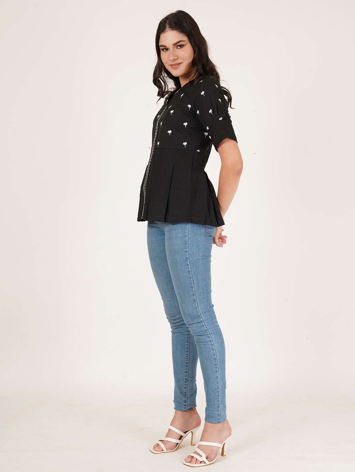 women solid with work short sleeve ethnic top - 22084164 - Standard Image - 5