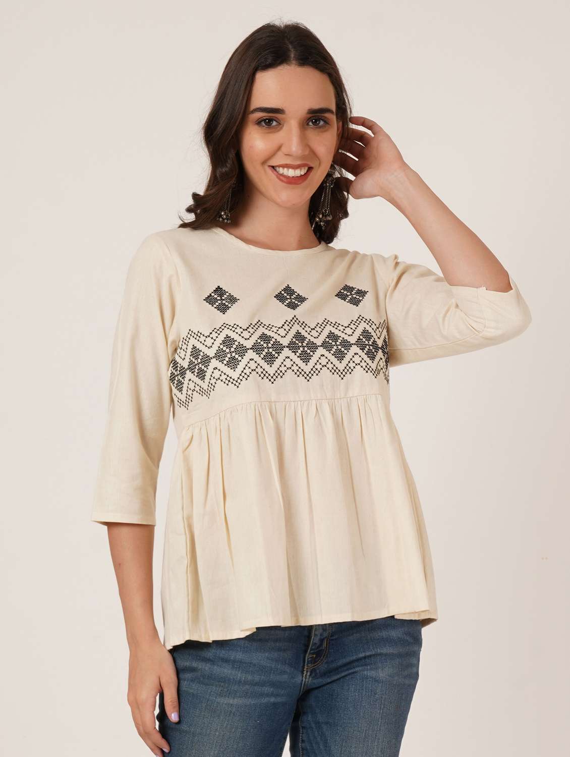 women solid with work round neck ethnic top - 22084167 -  Zoom Image - 0