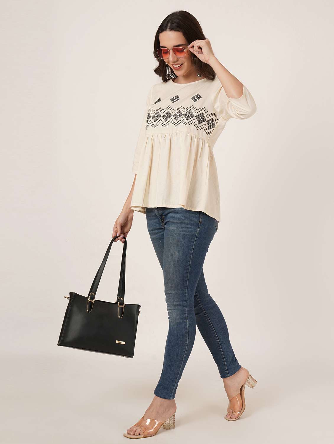 women solid with work round neck ethnic top - 22084167 -  Standard Image - 5