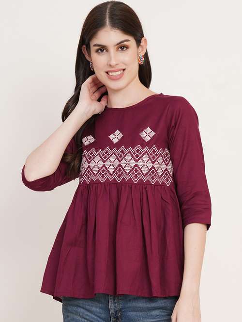 women solid with work round neck ethnic top - 22084168 -  Standard Image - 0