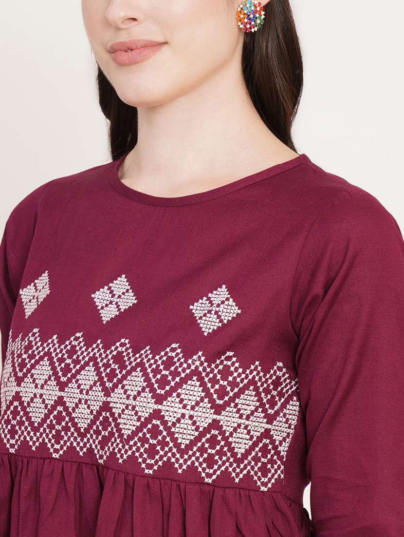 women solid with work round neck ethnic top - 22084168 -  Standard Image - 3